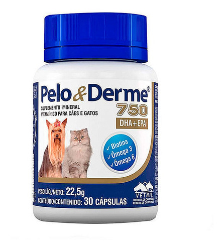 Imagem 1 de 2 de Pelo Derme 750 30 Cápsulas Vetnil Vitamina Cães Gatos