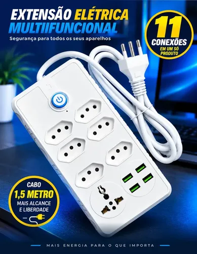 Extensão Elétrica 6 Tomadas e 1 Universal + 4 Usb Carregamento Rápido Bivolt Com