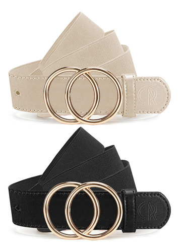 Cinturones Mujer Elásticos Cinto Dama Hebilla Anillo Vestido Color Crema Y Negro Diseño De La Tela Lisa Talla Único
