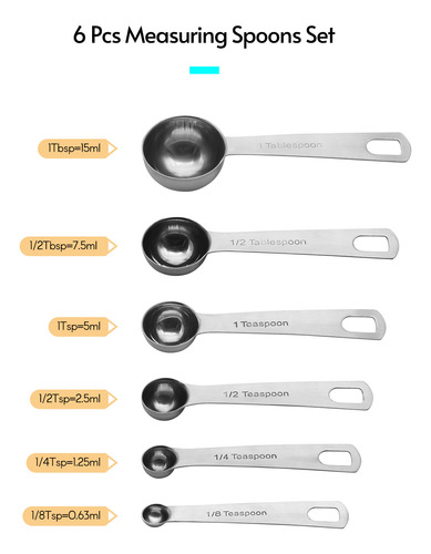 Juego De Cucharas Medidoras De Metal De Acero Inoxidable, 6
