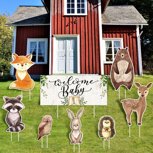 Cartel Bienvenida Animal Bosque Para Baby Shower 8 Pieza