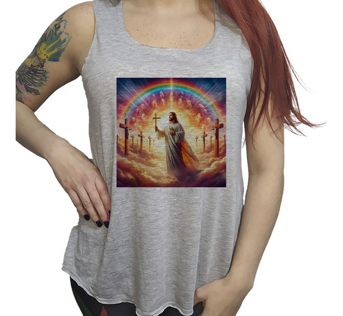 Musculosa Dama Jesus Con Cruz En La Mano Y Arco Iris