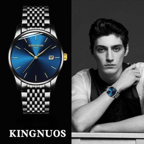 Relojes De Cuarzo De Negocios Ultradelgados Kingnuos Para Ho Color De La Correa Plateado Color Del Fondo Azul