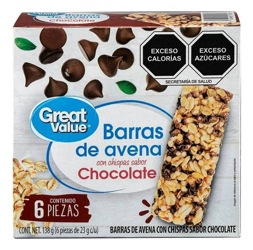 7 Pzas Barras De Avena Great Value Con Chispas Sabor Chocola