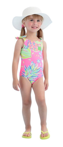Imagem 2 de 3 de Maiô Infantil Mon Sucré Tropical Mood Floral Rosa Neon 21002