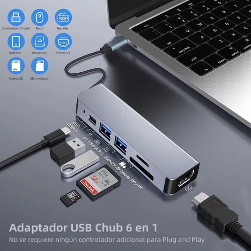 Hub Usb C 6 En 1 Adaptador Lector Sd Pd Hdmi Para Mac iPad
