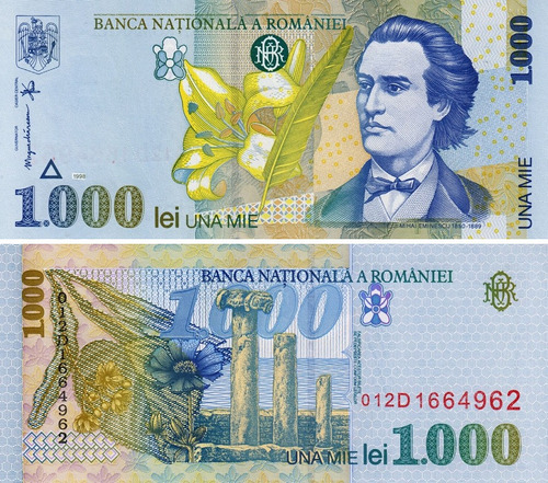 Grr-billete Rumania 1,000 Lei 1998 - Poeta Mihai Eminescu