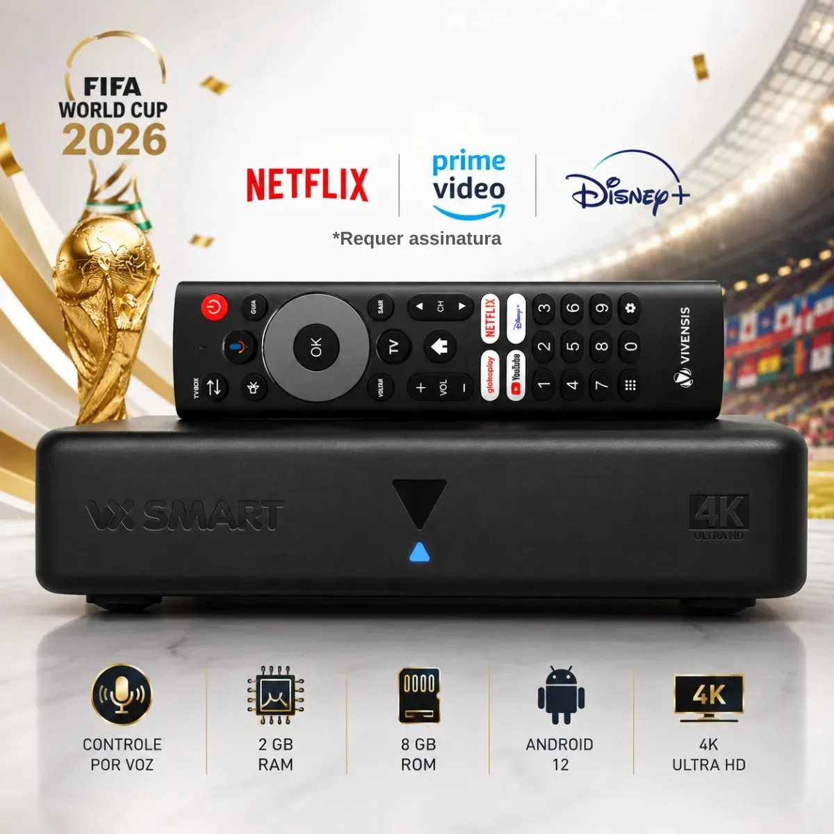 Receptor Vivensis Vx Smart Android 12 4K Wi-Fi 5GHz Controle Por Voz 2GB Ram 8GB de Armazenamento Transforme Sua Tv Em Smart Tv Box E Nova Parabólica