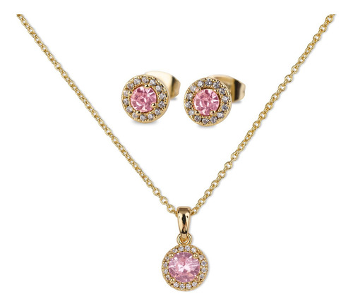 Set Joyería Mujer Oro 14k Collar Aretes Regalos Mamá Luckyly Color Rosa