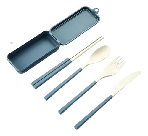 Juego De Cubiertos Portátiles Con Estuche Colores Set Comida Azul