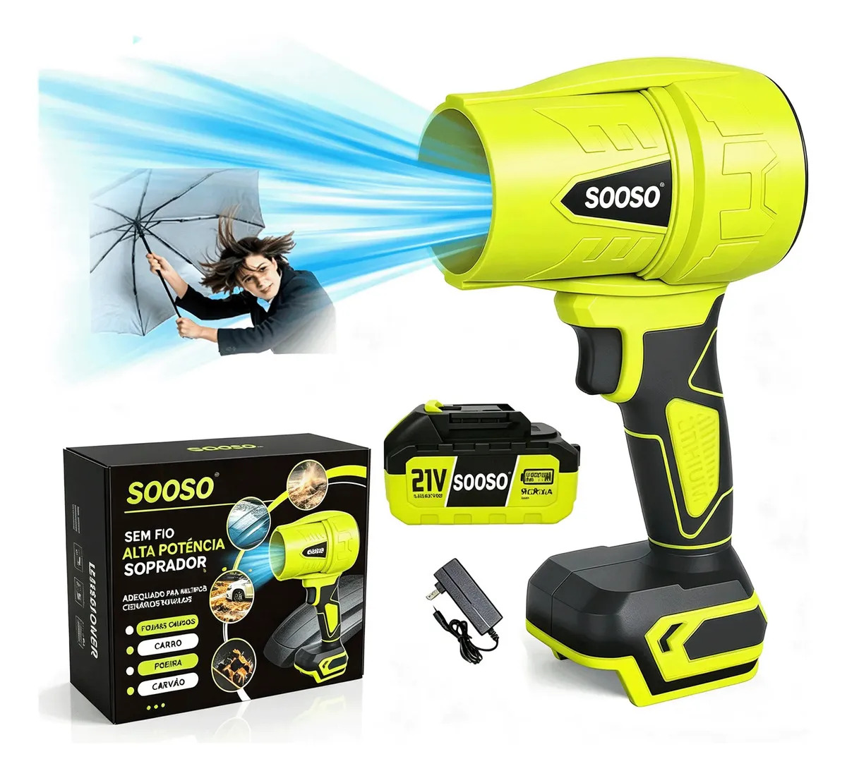 SOOSO Soprador Portátil Turbo 21V Recarregável Sem Fio Potente Soprador de Ar Elétrico para Jardinagem