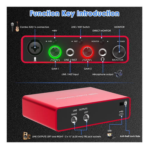 Interface De Áudio Usb Com Gravação E 48v Phantom Power