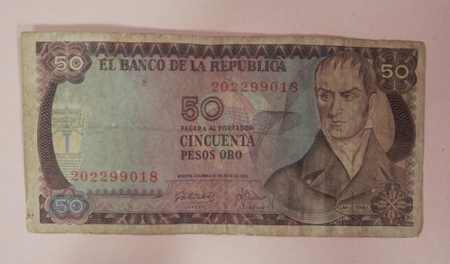 Billete 50 Pesos Oro Colombia Año 1974 (camilo Torres)