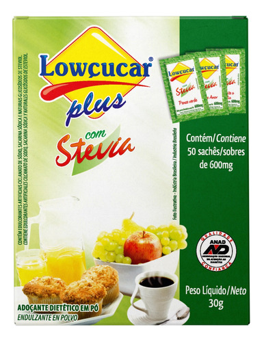 Lowçucar Plus con Stevia adoçante em pó caixa 30gr 50 unidades