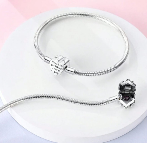 Pulsera Para Charms Plata Real S925, Corazón Rosa, Brazalete