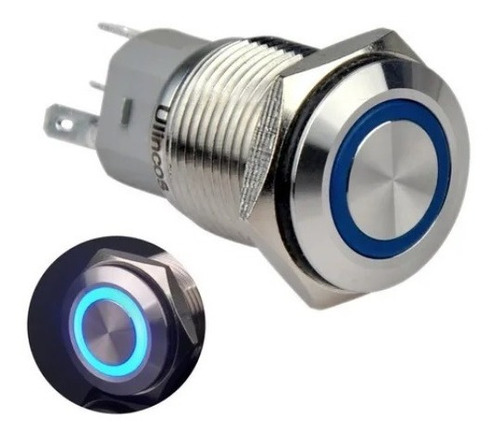 Boton Pulsador De Metal Con Retencion Logo 16mm Led 12v Azul