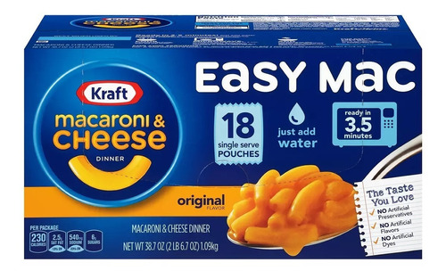 Macaroni & Cheese Kraft Original Flavor 18 Pouches 3.5 Min