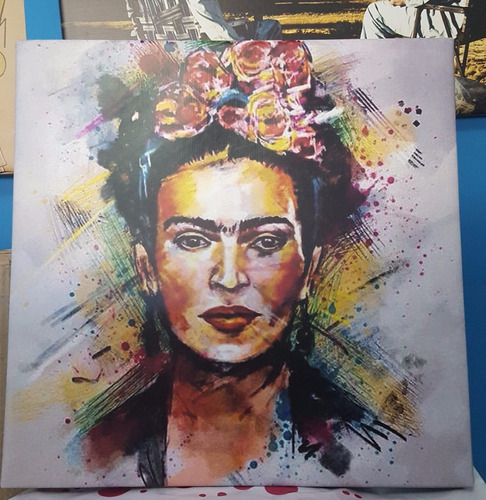 Cuadro 45x45cm Frida Kahlo Estilo Acuarela Colores Flores