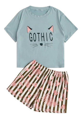 Pijama Gothic Gato Short Rayas Flores Y Blusa 