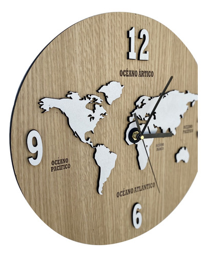 Reloj De Pared De Madera Analógico Diseño Mapa Mundi 30x30