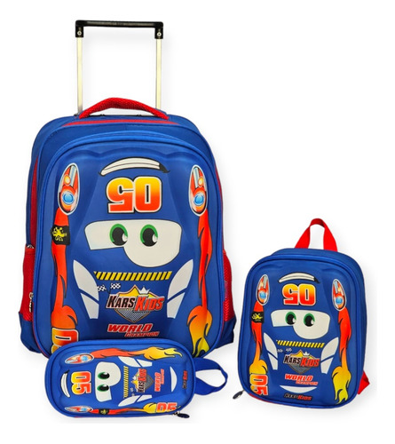 Kit Mochila De Rodinha Infantil Menino Carros Alto Relevo 3d