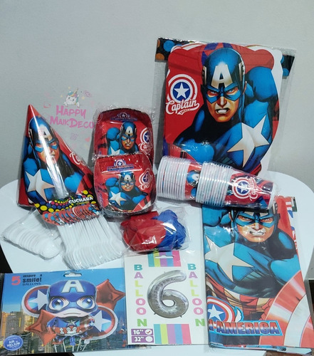 Kit Decoración Infantil Capitán América, Para 24 Personas.