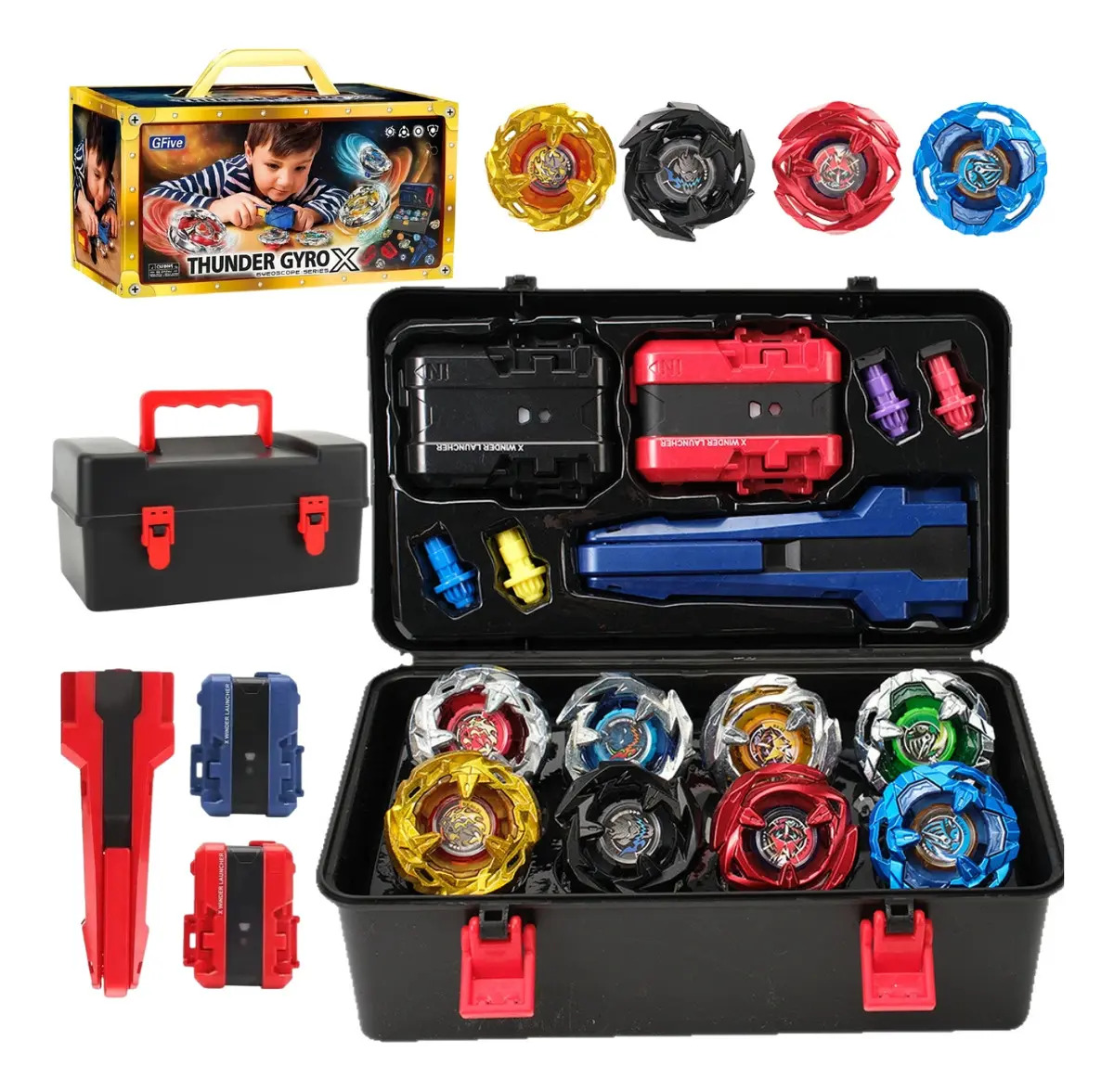 Maleta Kit Completo 8 Pião Blade Thundegyro Batalha Lançador Beiblade