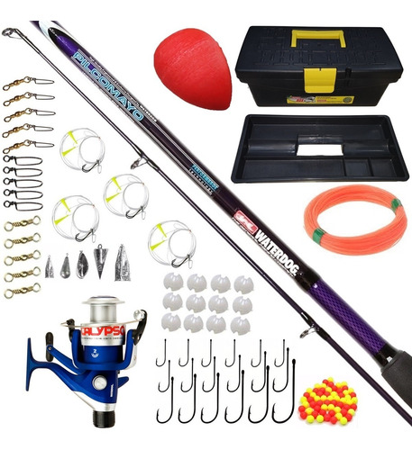 Kit Pesca Reel + Caja Completa Accesorios + Caña 2 Tramos 