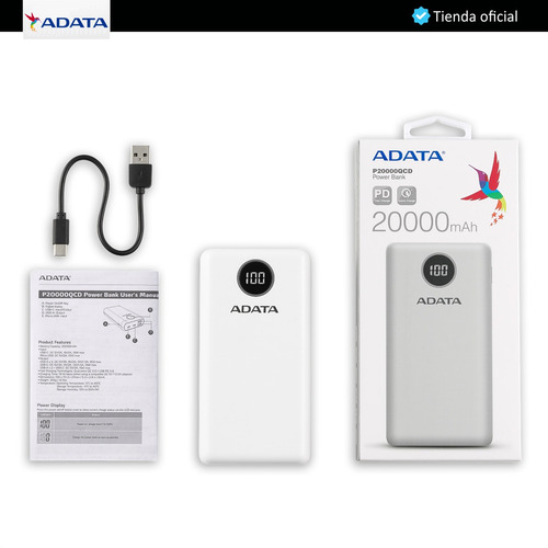 Imagen 9 de 10 de Adata P20000qcd Power Bank 20000mah Carga Rápida Qc/pd, Blan