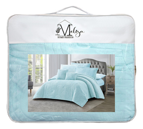 Edredón 7 Pzs Elena Flannel Queen Size 240 X 220 Color Azul Claro Diseño De La Tela Ondas