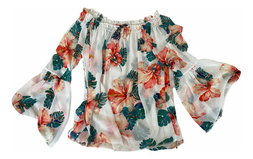 Blusa Gasa Blanca Estampa Floral Marca Italiana Talle L