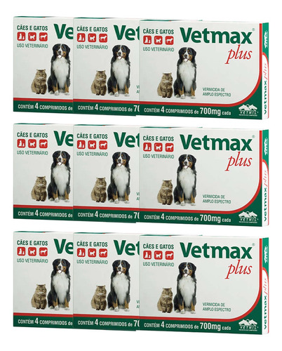 Vetmax Plus 700mg Vetnil 4 Comp. Cães E Gatos Kit Com 9