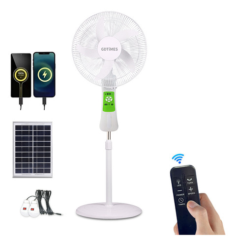 Ventilador Silencioso Solar Recargable portatil 16 Pulgadas Con Luz Led Y Control Remoto,9 Velocidades Ajustables, 180° Giratorio, Temporizador - Uso Para Hogar Y Camping