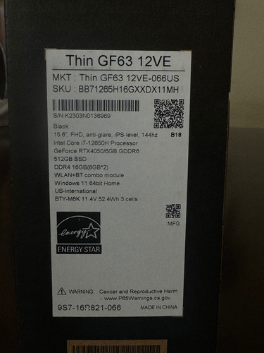 Notebook Msi Thin Gf63 (Nuevo con caja abierta)