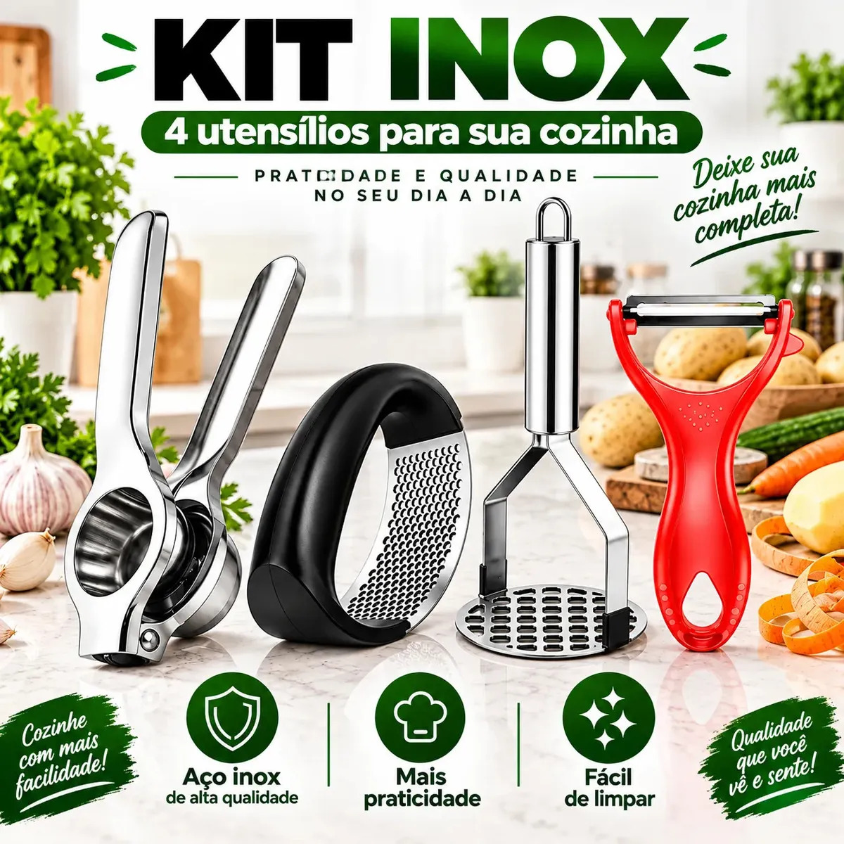 Kit 4 Peças Cozinha Profissional Amassador De Batatas Descascador Espremedor Alho E Limão