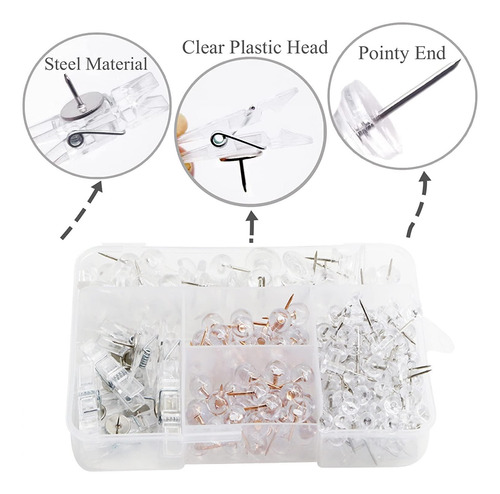 140 Piezas Chinchetas Transparentes, Metal Y Plastico