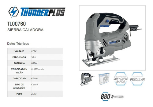 Imagen 2 de 5 de Sierra Caladora Thunder 880w 65mm Velocidad Variable+ 1 Hoja