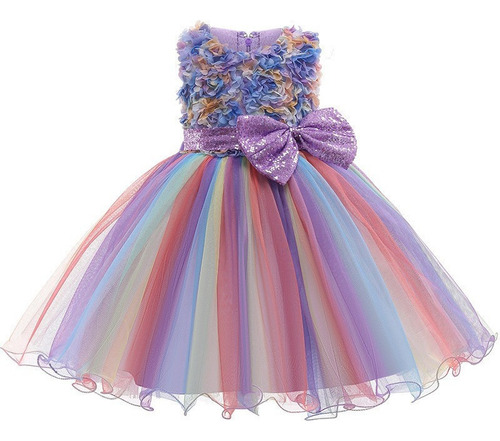 Vestido De Fiesta Cumpleaños De Arcoíris 3d Flor Princesa