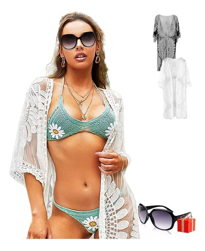 2pz Mujer Vestido Playa Cubre Bikini Pareos Playeros + Gafa