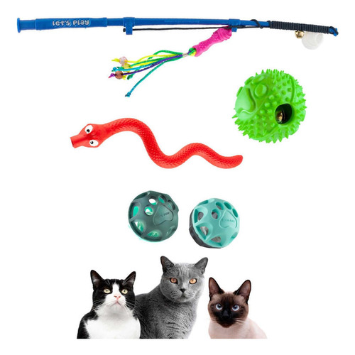 Kit 4 Juguetes Para Gatos: Caña, Pelotas Y Dispensador Inter