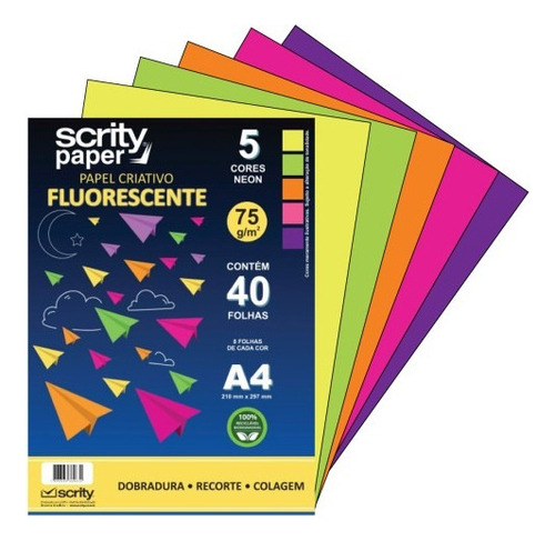 Papel Criativo A4 Fluorecente 75g 5 Cores 40 Folhas Scrity