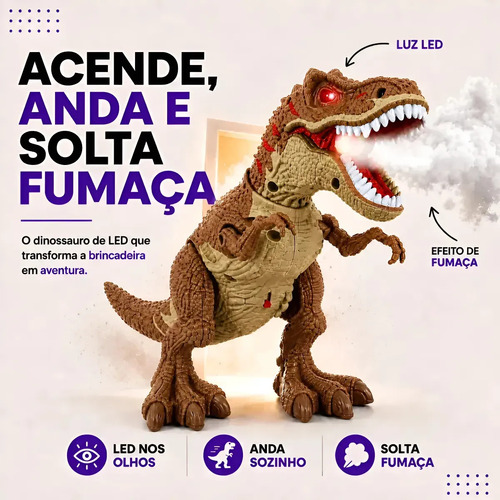 Dinossauro Interativo Tiranossauro T-Rex com Fumaça, Luz e Som para Crianças