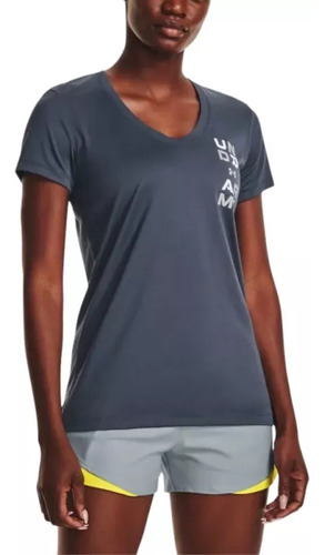 Playera Fitness Under Armour Tech Solid Graphic Gris Mujer 1