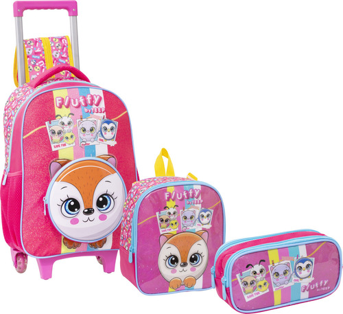 Kit Mochila De Rodinha Gatinho Arcoires 46cm 3 Peças Cor Rosa Desenho Do Tecido Fluffy