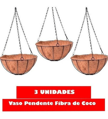 Kit 3 Vaso Pendurar 25cm Pendente Ferro Fibra Coco Natural