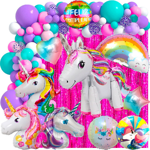 1 Set 50 Art Unicornio Deco362 Cumple Globo 4d Arcoiris Nube