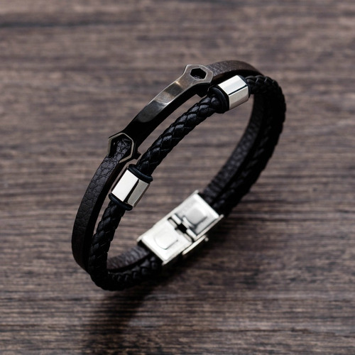 Imagen 5 de 6 de Pulsera Piel Dos Colores Con Placa Acero Pavonado - 69