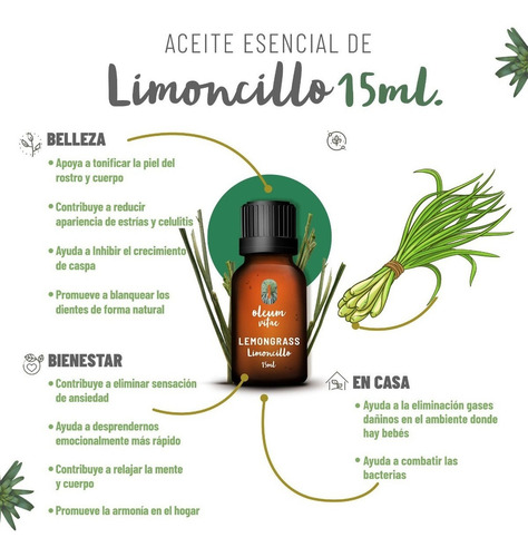 Aceite Esencial De Hierba De Limón 100%puro Y Orgánico 15ml