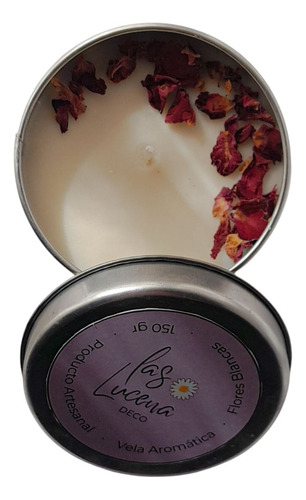 Vela Aromática De Soja Lata Las Lucena Deco Natural Lata Pétalos De Rosas Flores Blancas