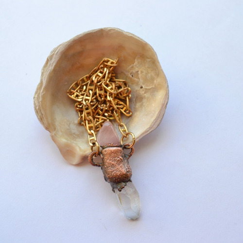 Imagen 6 de 8 de Collar De Cuarzo Rosa Y Cristal, Cadena De Bronce, Cod1